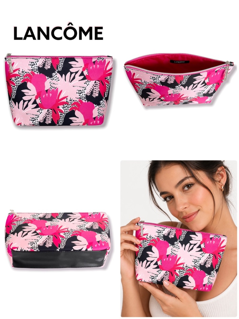 LANCÔME Paris Cosmetic Bag Floral Print  Makeup Travel Accessory Pink/Black NEW - Picture 3 of 3